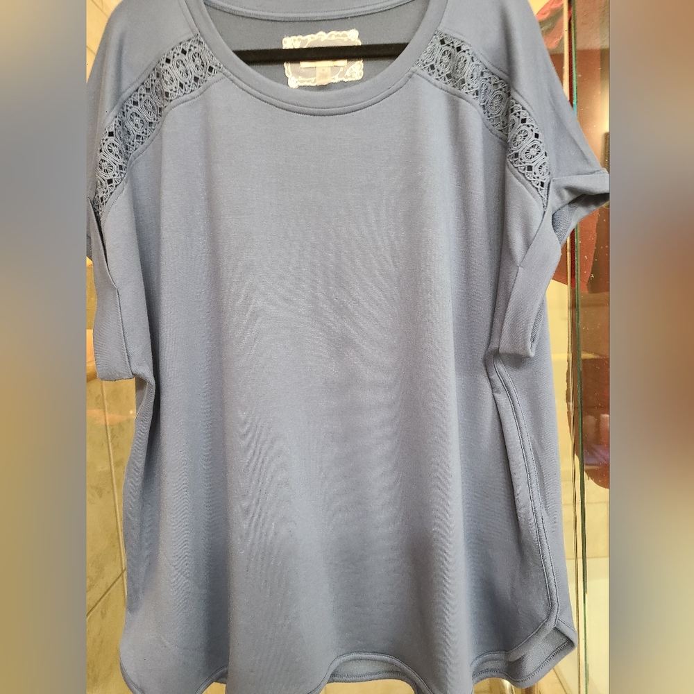 Cupio Longer Knit Boho Top Shirt Tunic Short Sleeve Plus Sz 1X Blue